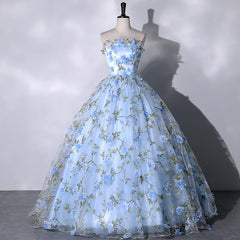 Blue Flowers Sweetheart Ball Gown Formal Dress, Blue Long Sweet 16 Dresses