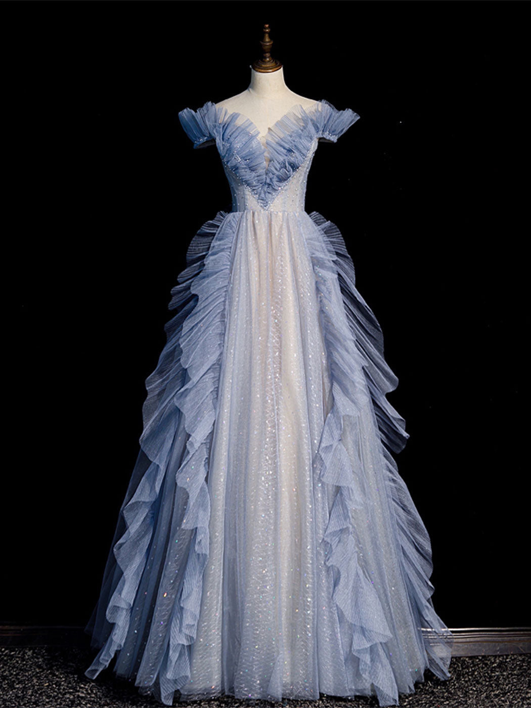 Blue Off Shoulder Tulle Sequin Beading Long Prom Dress, Blue Formal Dress
