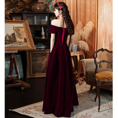 Dark Red Velvet Long Party Dress Prom Dress 2022, A-line Formal Dresses Evening Dresses