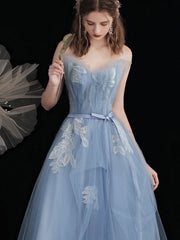Blue tulle lace long prom dress, blue A line lace evening dress
