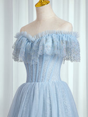 Blue Lace Sweetheart Beaded Off Shoulder Prom Dress, A-line Blue Evening Dress