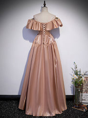 Simple A line satin champagne long prom dress, champagne evening dress