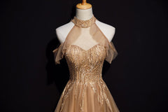 Charming Champagne Tulle Halter Long Party Gown, Prom Dress