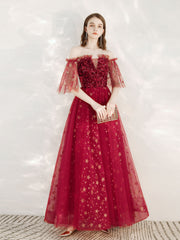 A-Line Burgundy Tulle Long Prom Dress, Burgundy Formal Evening Dresses