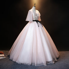 Lovely Pink Short Sleeves Tulle Ball Gown Shiny Sweet 16 Dress, Pink Formal Dress Party Dress