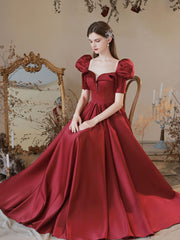 Burgundy A-Line Satin Long Prom Dress, Burgundy Formal Evening Dress