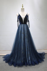 Navy Blue Velvet and Tulle Long Prom Dress Party Dress, Navy Blue Evening Dress 2022