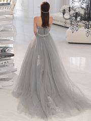 Gray A line tulle lace long prom dress gray formal dress