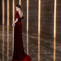 Wine Red Velvet Long Round Neckline Party Dress, Wine Red Prom Dresses