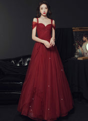 Wine Red Tulle Straps Sweetheart Long Party Dress, Wine Red A-line Prom Dress