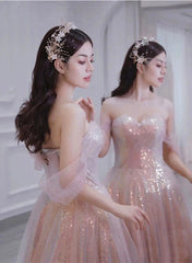 Light Pink and Sequins Sweetheart Long Formal Dress, Pink Evening Party Dress
