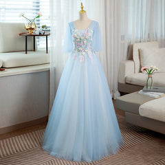 Light Blue V-neckline Long Puffy Sleeves Party Dress, Blue Evening Gown