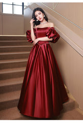 Wine Red Satin Beaded Puffy Sleeves Long Party Dress, Wine Red Long Prom Dress