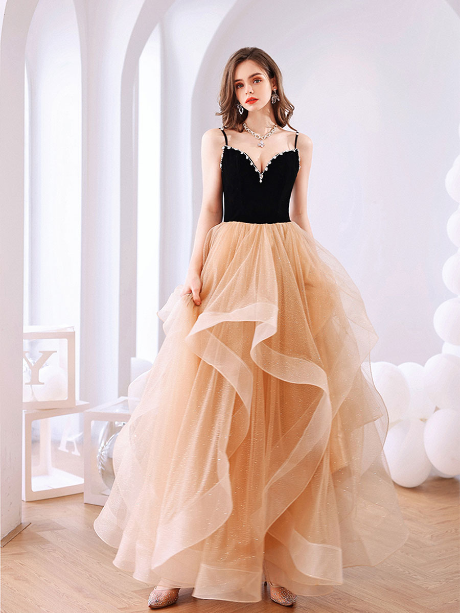 Champagne sweetheart neck long prom dress, backless sweet 16 dress