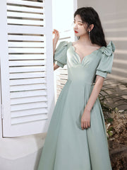 Simple green v neck satin short prom dress, green evening dress