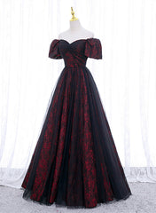 Lovely Sweetheart Black and Red Off Shoulder Party Dress, A-line Floor Length Prom Dress