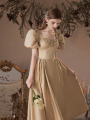 Simple Satin Tea Length Champagne Prom Dress, Satin Evening Dresses