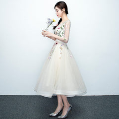 Light Champagne Tea Length Floral Lace Formal Dress Bridesmaid Dress, Cute Short Party Dresses