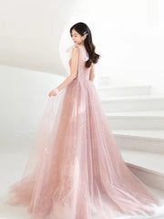Bean pink tulle long prom dress, A line tulle formal evening dress