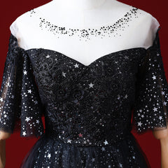 Black A-line Gradient Tulle Short Sleeves Prom Dress, Black Long Evening Dress