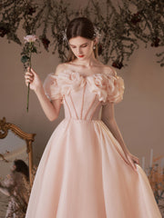 Pink tulle off shoulder tea length prom dress, pink formal dress