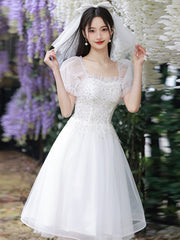 Cute Short Tulle Party Dress with Beadings, White Formal Dress Graduation Dress