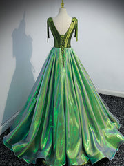 Unique v neck green long prom dress, green formal graduation dress