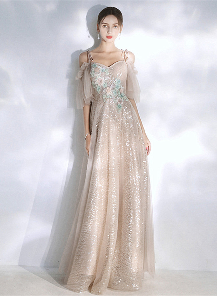 Light Champagne Sequins and Tulle A-line Prom Dress, Long Wedding Party Dress