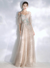Light Champagne Sequins and Tulle A-line Prom Dress, Long Wedding Party Dress