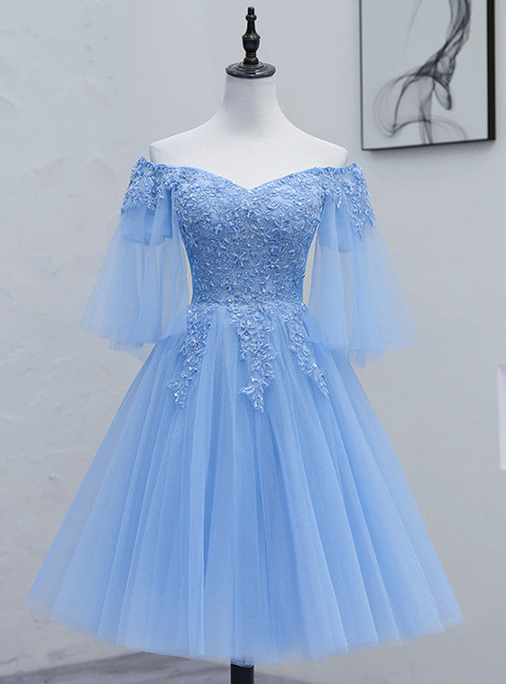 Lovely Light Blue with Lace Off Shoulder Short Prom Dress, Blue Homecoming Dresses