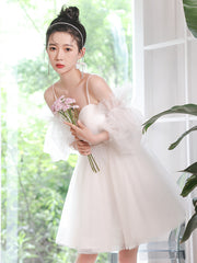 White Tulle Short Sleeves Homecoming Dress, White Party Dress Graduation Dresses