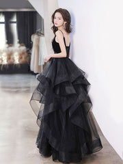 Black V Neck Tulle Long Prom Dresses, Black Formal Evening Dress