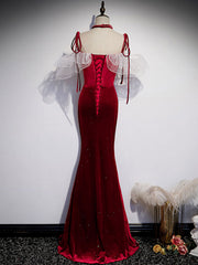 Burgundy Mermaid Long Prom Dress, Velvet Long Formal Dresses