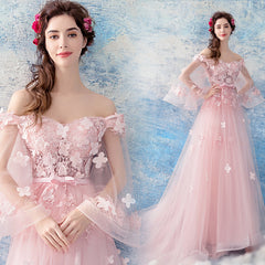Pink Flowers and Tulle Long Puffy Sleeves Prom Dress, Pink Long Party Dress Evening Dress