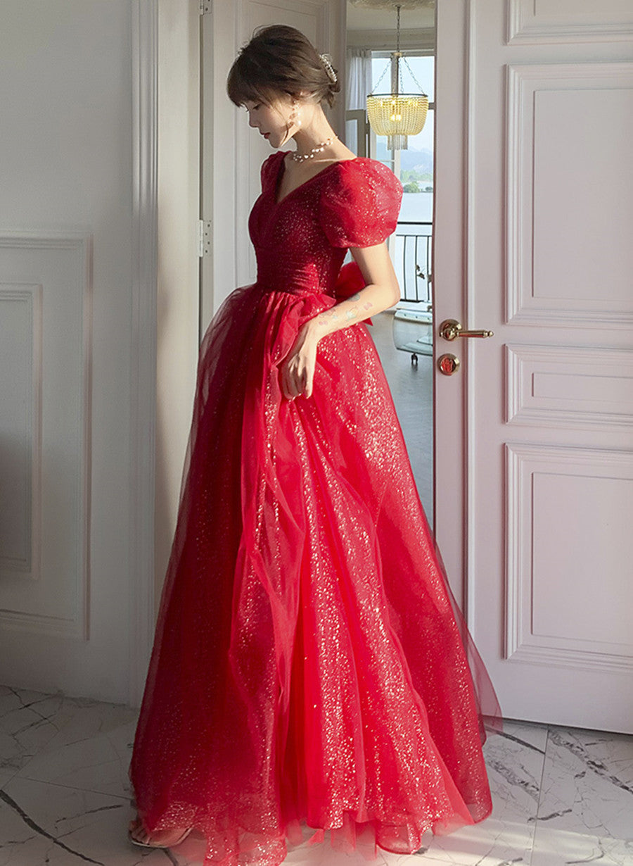 Red Shiny Tulle Short Sleeves Long A-line Prom Dress, Red Wedding Party Dress