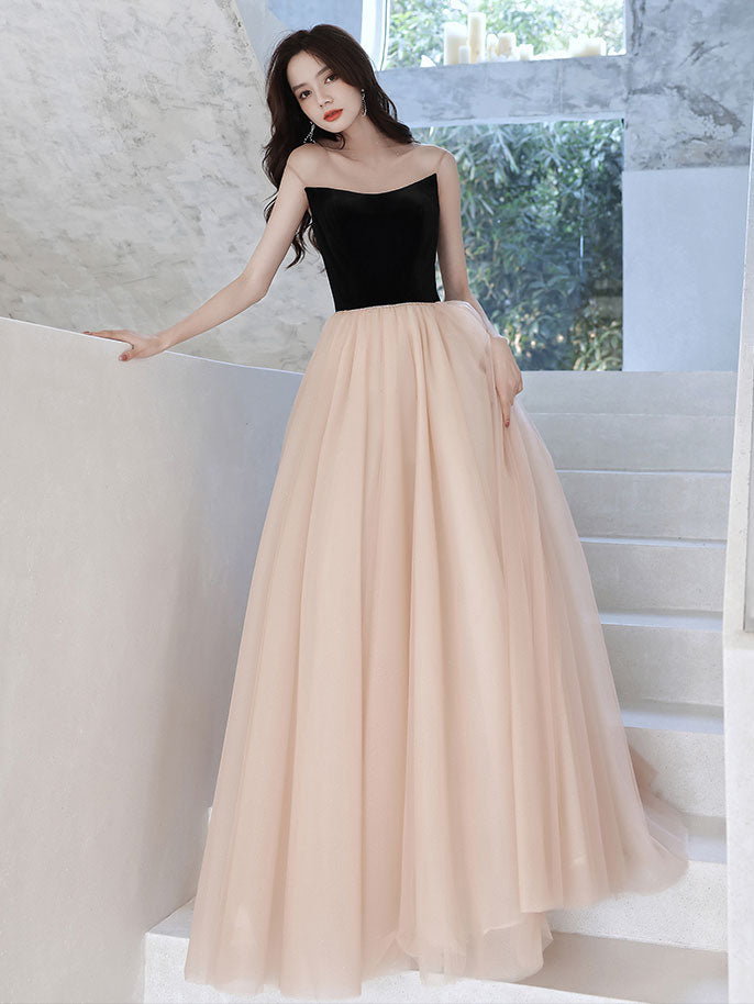 Champagne A line tulle long prom dress, champagne evening dress
