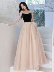 Champagne A line tulle long prom dress, champagne evening dress