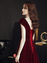 Wine Red V-neckline Velvet Long Party Dress, Floor Length Prom Dress