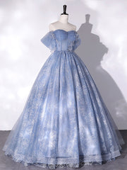 Blue A-Line Tulle Lace Long Prom Dress, Blue Formal Graduation Dress