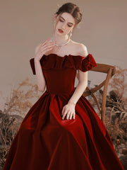 Wine Red Velvet Long Wedding Party Dresses, A-line Off Shoulder Junior Prom Dress