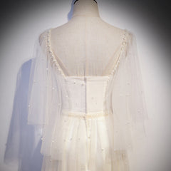 Light Champagne Short Sleeves Long Wedding Party Dress, Cute Prom Dress