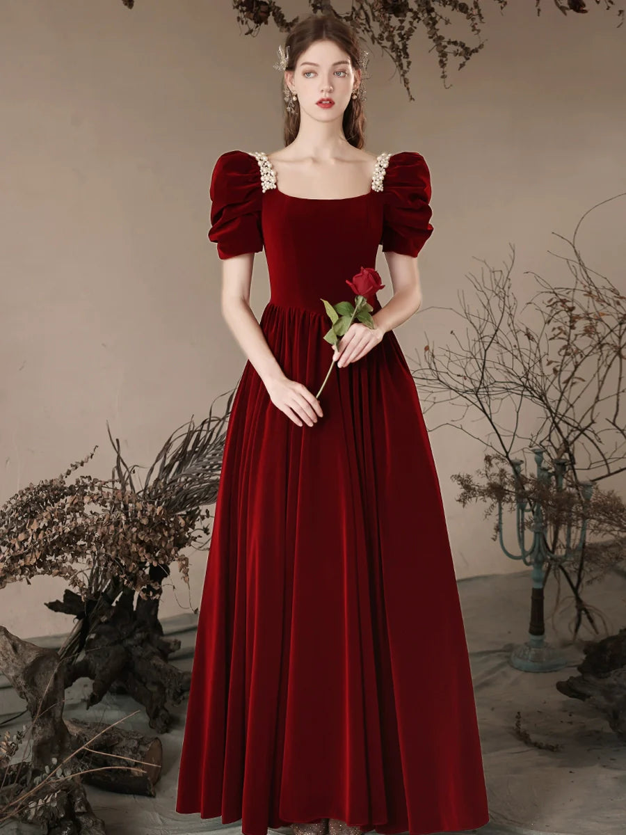 Burgundy A-Line Velvet Beads Long Prom Dress, Burgundy Long Formal Dress