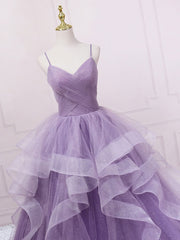 Purple v neck tulle long prom dress, purple tulle formal party dress
