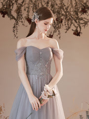 Grey Beaded Sweetheart Tulle A-line Off Shoulder Evening Dress, Grey Floor Length Prom Dress