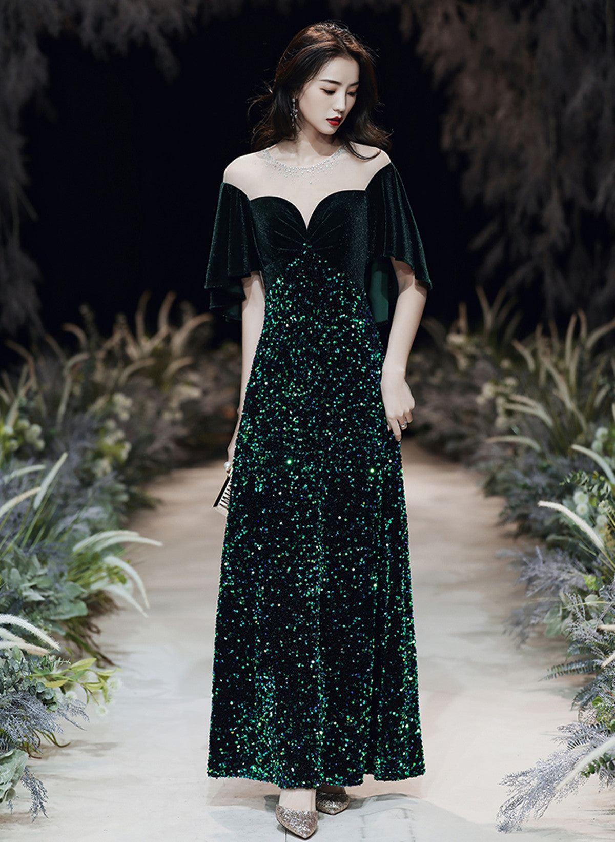 Dark Green Velvet and Sequins Mermaid Long Prom Dress, Dark Green Formal Dress