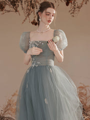 Light Green Short Sleeves Tulle Floor Length Party Dress, A-line  Evening Formal Gown