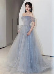 Off Shoulder Light Blue Tulle Long Party Dress, Shiny Tulle A-line Prom Dress