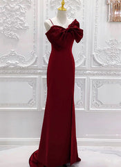 Wine Red Mermaid Evening Gown with Leg Slit, Straps Long Prom Dresses