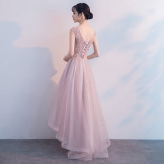 Pink V-neckline High Low Formal Dress, Lace Applique Homecoming Dress