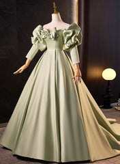 Green Satin Off Shoulder Unique Long Party Dress, Green Satin Prom Dress
